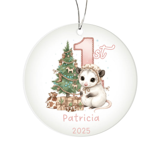 Baby's First Christmas Cute Possum Girl's Western Style Acrylic Ornament – Personalized Name and Year – Holiday Keepsake – 3” Clear Round Ornament for Newborns, Infants
