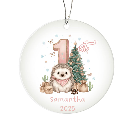 Baby's First Christmas Cute Hedgehog Girl's Western Style Acrylic Ornament – Personalized Name and Year – Holiday Keepsake – 3” Clear Round Ornament for Newborns, Infants