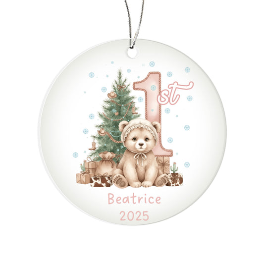 Baby's First Christmas Cute Bear Girl's Western Style Acrylic Ornament – Personalized Name Holiday Keepsake
