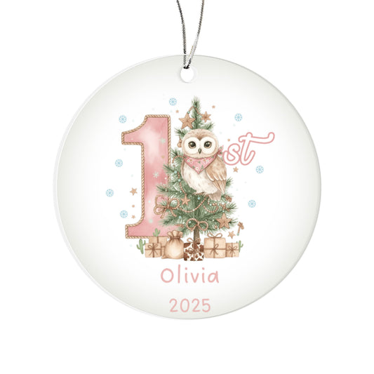 Baby's First Christmas Cute Owl Girl's Western Style Acrylic Ornament – Personalized Name and Year – Holiday Keepsake – 3” Clear Round Ornament for Newborns, Infants
