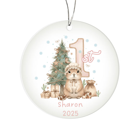 Baby's First Christmas Cute Mouse Girl's Western Style Acrylic Ornament – Personalized Name and Year – Holiday Keepsake – 3” Clear Round Ornament for Newborns, Infants