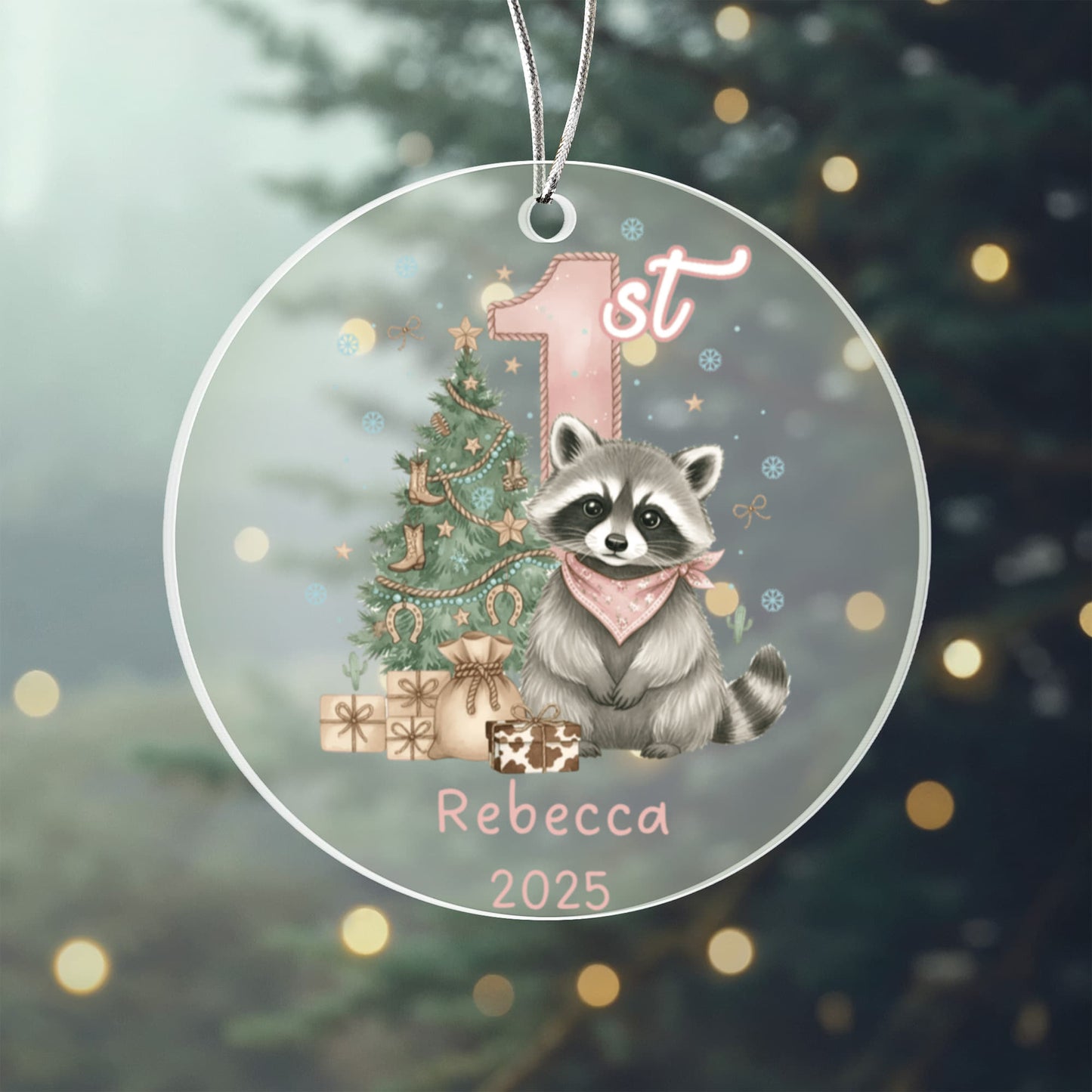 Baby Girl First Christmas Raccoon Western Style Acrylic Ornament – Personalized Name and Year – Holiday Keepsake – 3” Clear Round Ornament for Newborns, Infants