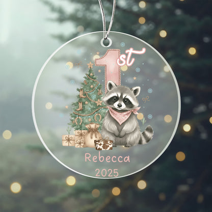 Baby Girl First Christmas Raccoon Western Style Acrylic Ornament – Personalized Name and Year – Holiday Keepsake – 3” Clear Round Ornament for Newborns, Infants