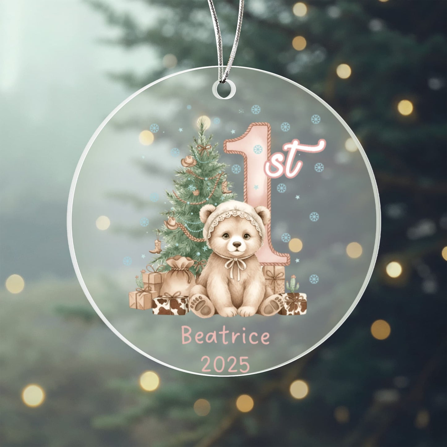 Baby's First Christmas Cute Bear Girl's Western Style Acrylic Ornament – Personalized Name Holiday Keepsake