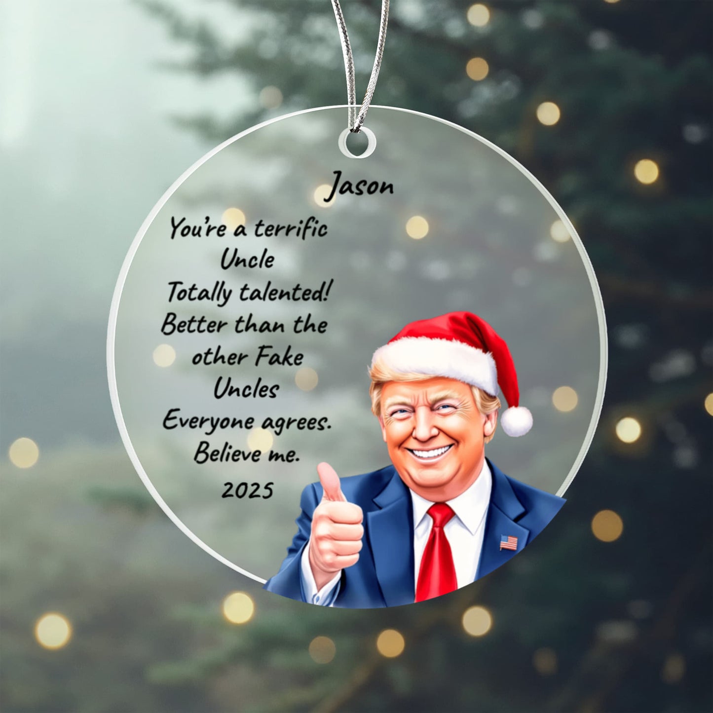 Personalized Trump Christmas Acrylic Ornament – Funny Santa Thumbs-Up Holiday Gift – Custom Name & Year Keepsake