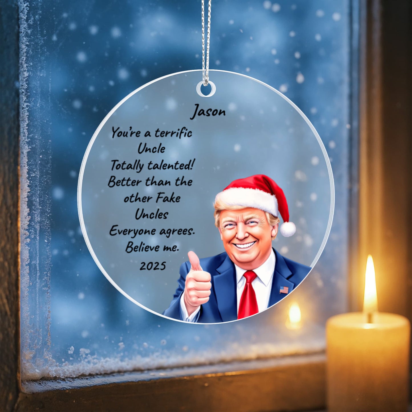 Personalized Trump Christmas Acrylic Ornament – Funny Santa Thumbs-Up Holiday Gift – Custom Name & Year Keepsake