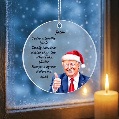 Personalized Trump Christmas Acrylic Ornament – Funny Santa Thumbs-Up Holiday Gift – Custom Name & Year Keepsake