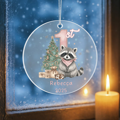 Baby Girl First Christmas Raccoon Western Style Acrylic Ornament – Personalized Name and Year – Holiday Keepsake – 3” Clear Round Ornament for Newborns, Infants