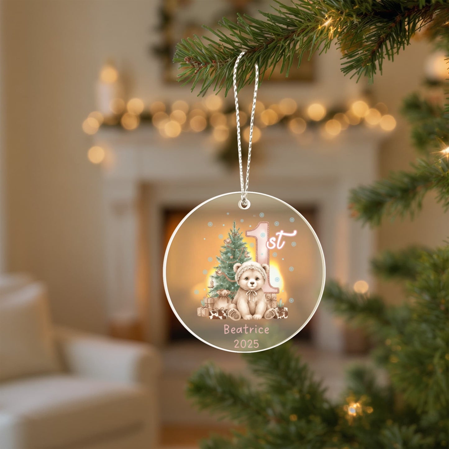 Baby's First Christmas Cute Bear Girl's Western Style Acrylic Ornament – Personalized Name Holiday Keepsake