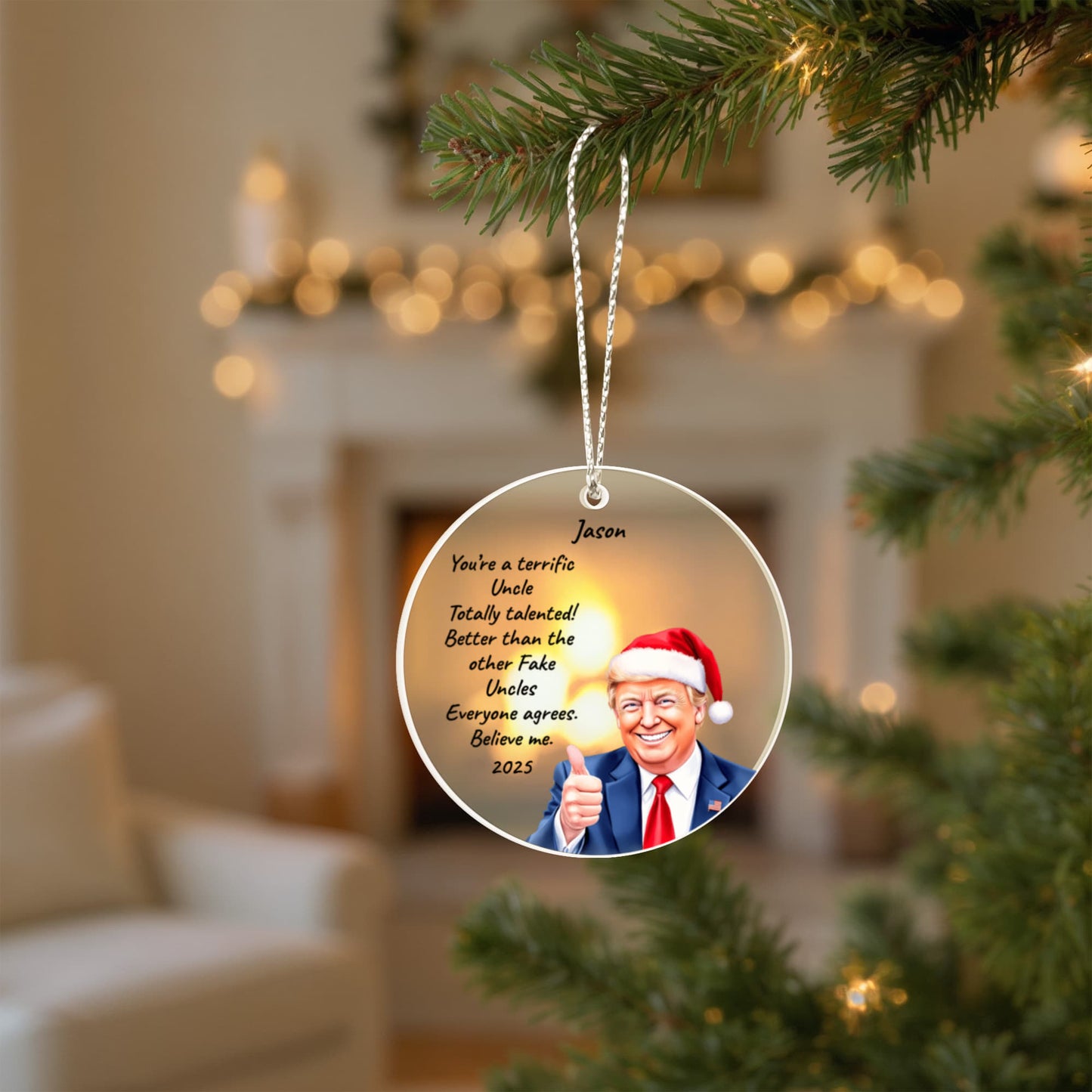Personalized Trump Christmas Acrylic Ornament – Funny Santa Thumbs-Up Holiday Gift – Custom Name & Year Keepsake