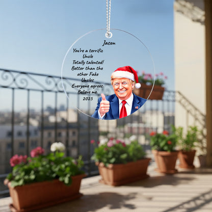 Personalized Trump Christmas Acrylic Ornament – Funny Santa Thumbs-Up Holiday Gift – Custom Name & Year Keepsake