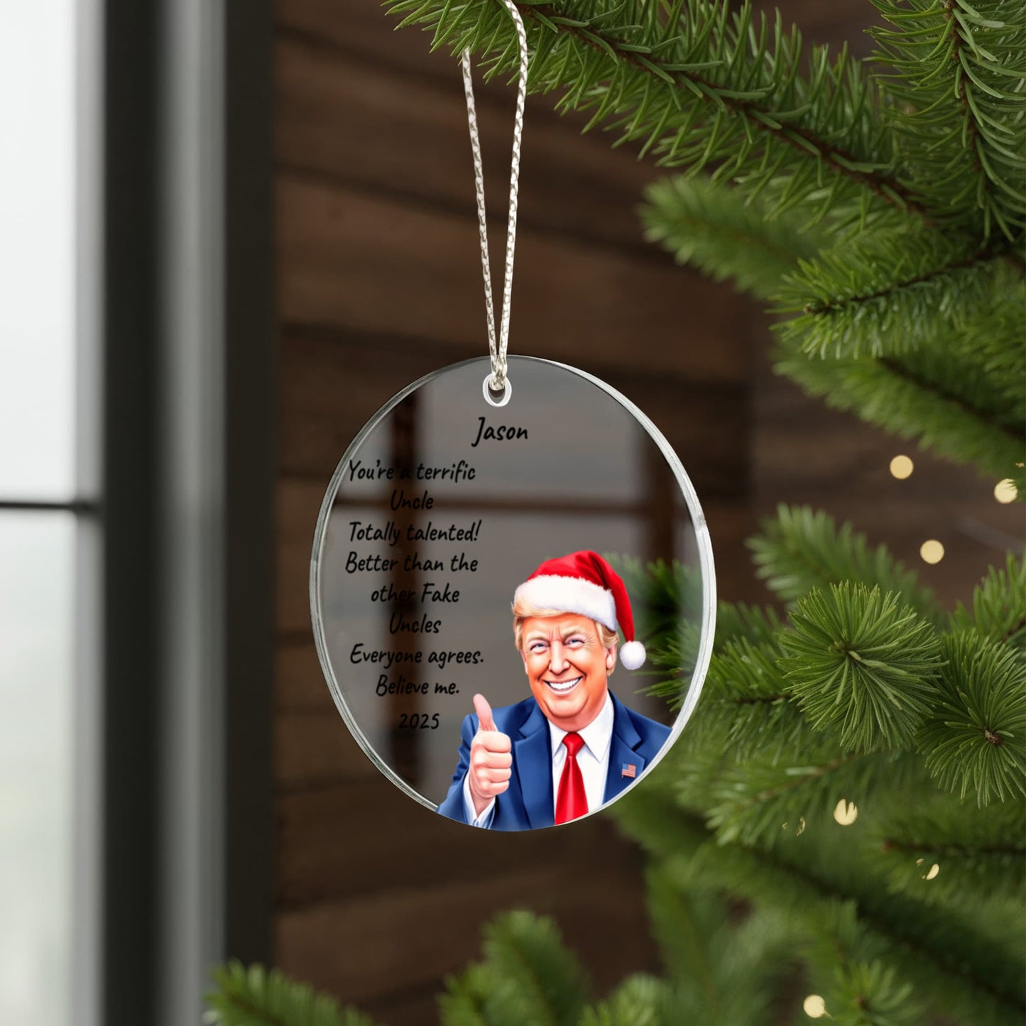 Personalized Trump Christmas Acrylic Ornament – Funny Santa Thumbs-Up Holiday Gift – Custom Name & Year Keepsake