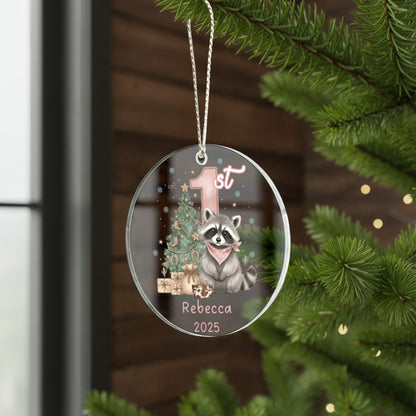 Baby Girl First Christmas Raccoon Western Style Acrylic Ornament – Personalized Name and Year – Holiday Keepsake – 3” Clear Round Ornament for Newborns, Infants