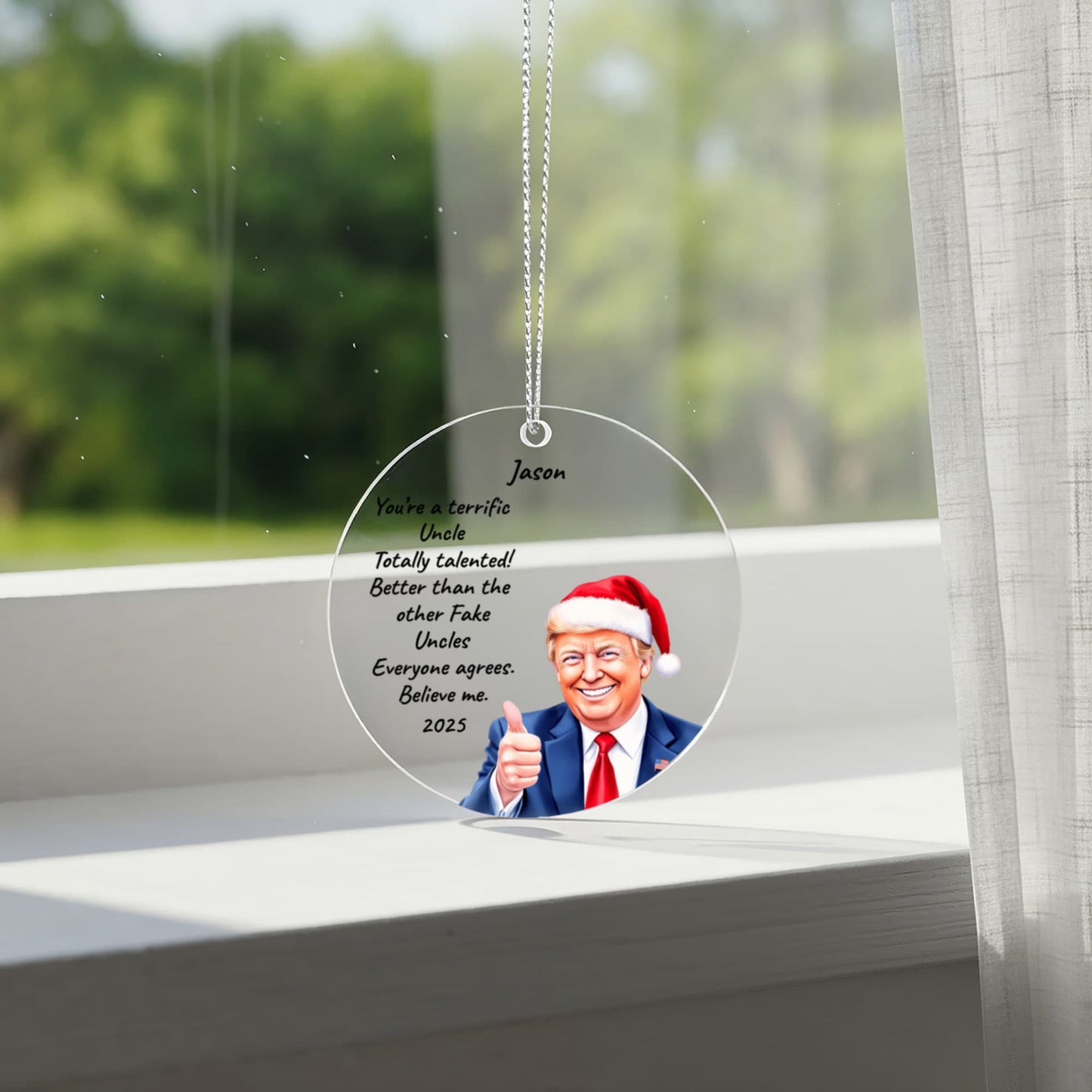 Personalized Trump Christmas Acrylic Ornament – Funny Santa Thumbs-Up Holiday Gift – Custom Name & Year Keepsake