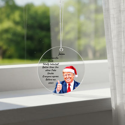 Personalized Trump Christmas Acrylic Ornament – Funny Santa Thumbs-Up Holiday Gift – Custom Name & Year Keepsake