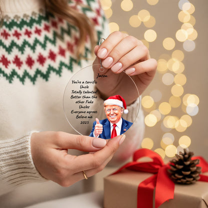 Personalized Trump Christmas Acrylic Ornament – Funny Santa Thumbs-Up Holiday Gift – Custom Name & Year Keepsake