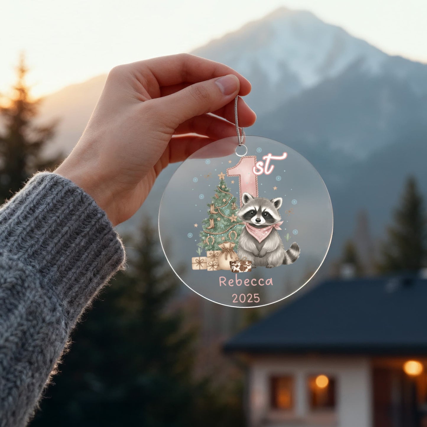 Baby Girl First Christmas Raccoon Western Style Acrylic Ornament – Personalized Name and Year – Holiday Keepsake – 3” Clear Round Ornament for Newborns, Infants
