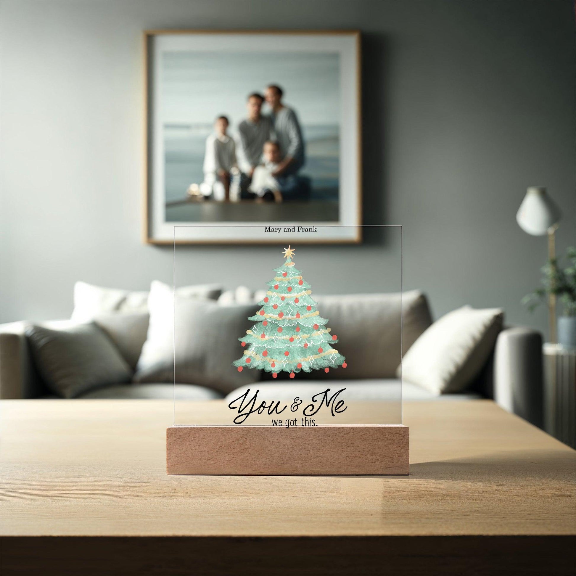 Personalized Christmas Tree Acrylic Plaque with Lighted LED Wooden Base - Mallard Moon Gift Shop