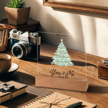 Personalized Christmas Tree Acrylic Plaque with Lighted LED Wooden Base - Mallard Moon Gift Shop