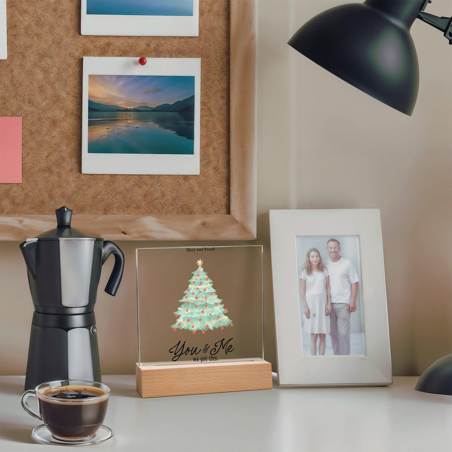 Personalized Christmas Tree Acrylic Plaque with Lighted LED Wooden Base - Mallard Moon Gift Shop