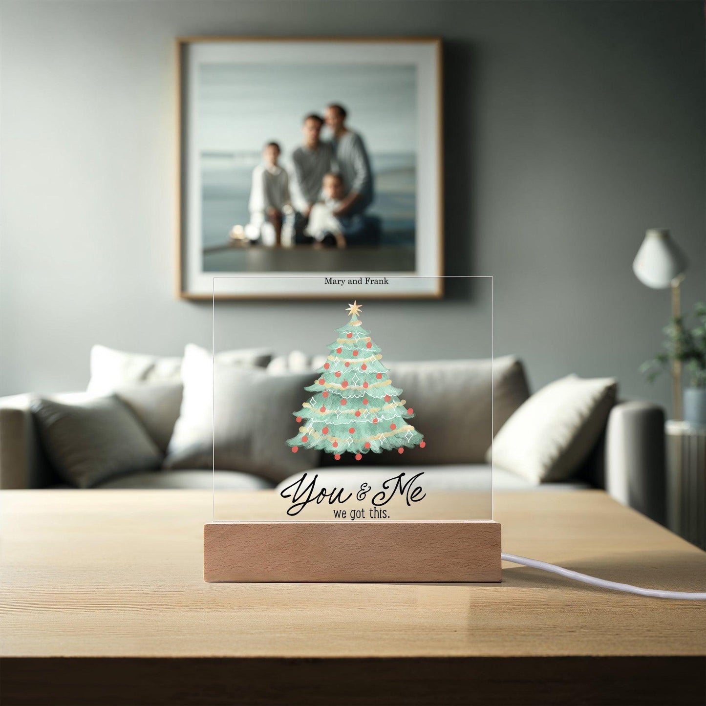 Personalized Christmas Tree Acrylic Plaque with Lighted LED Wooden Base - Mallard Moon Gift Shop
