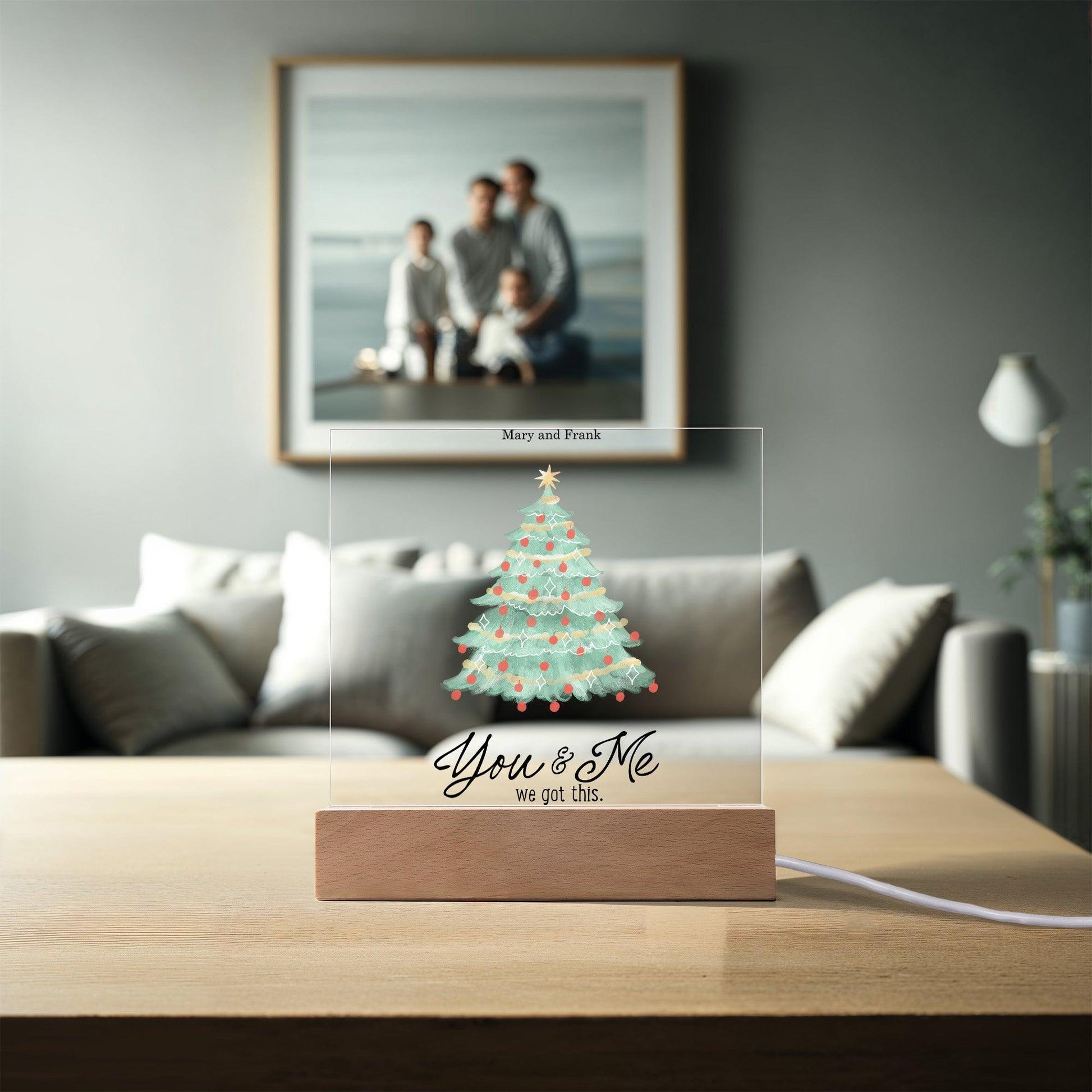 Personalized Christmas Tree Acrylic Plaque with Lighted LED Wooden Base - Mallard Moon Gift Shop