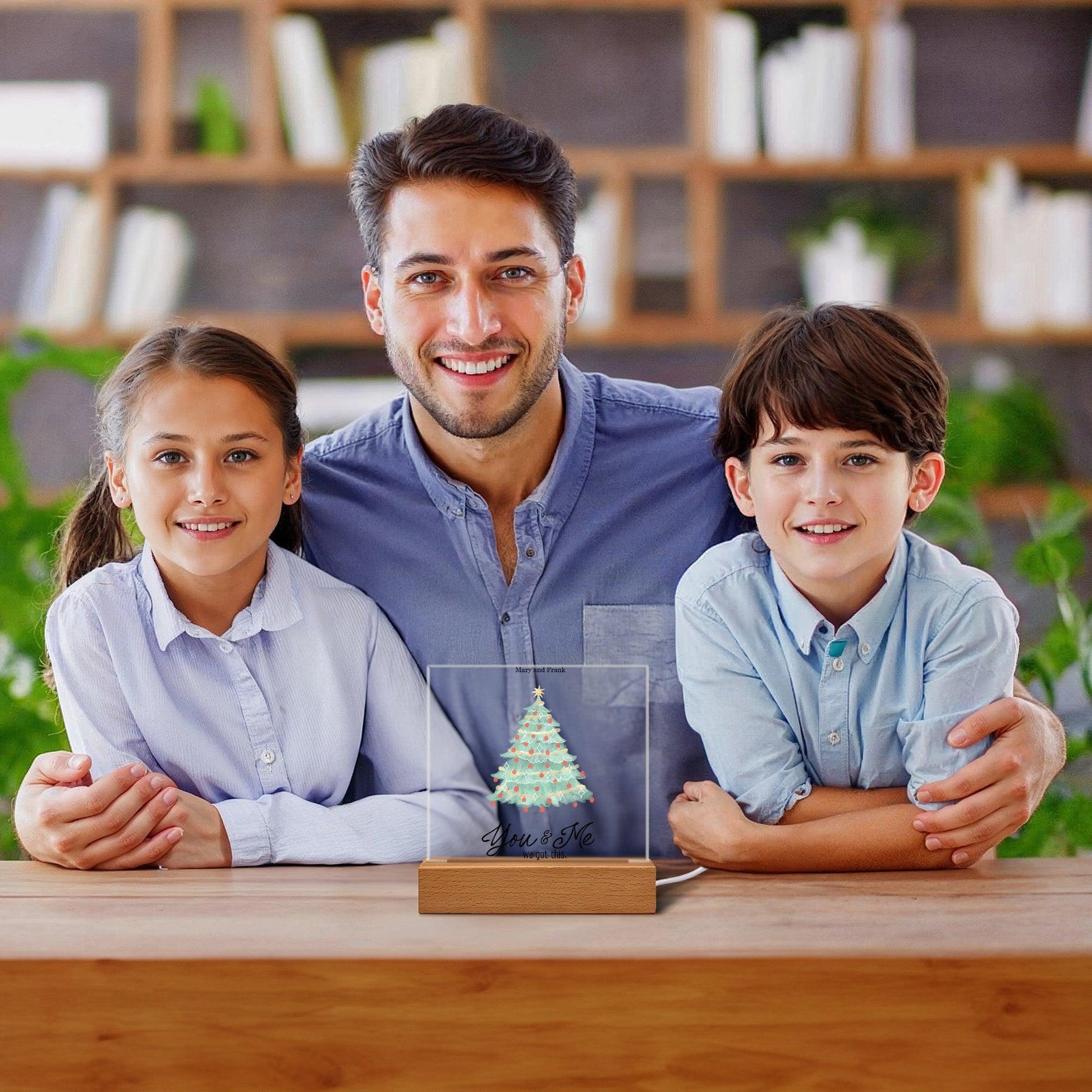 Personalized Christmas Tree Acrylic Plaque with Lighted LED Wooden Base - Mallard Moon Gift Shop