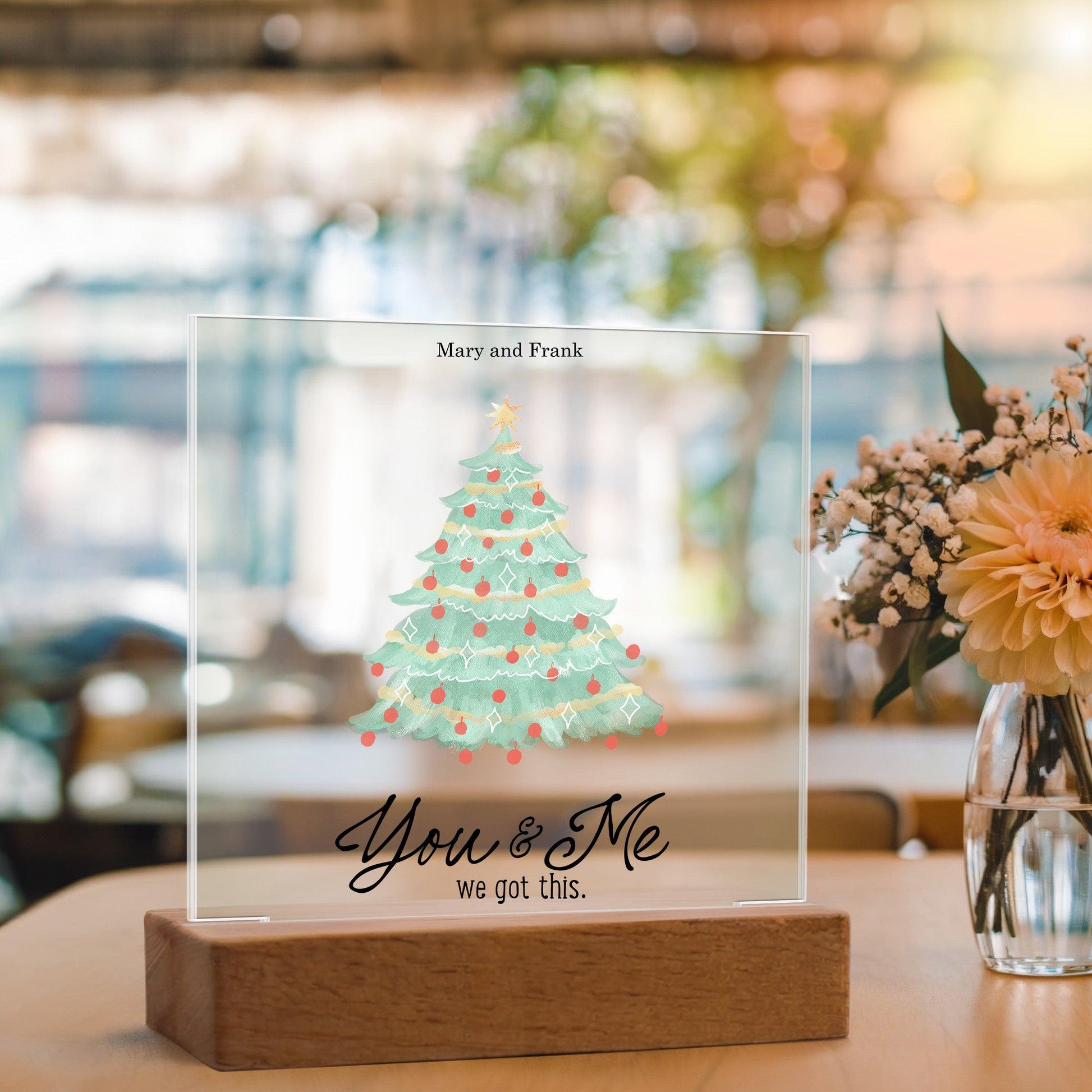 Personalized Christmas Tree Acrylic Plaque with Lighted LED Wooden Base - Mallard Moon Gift Shop