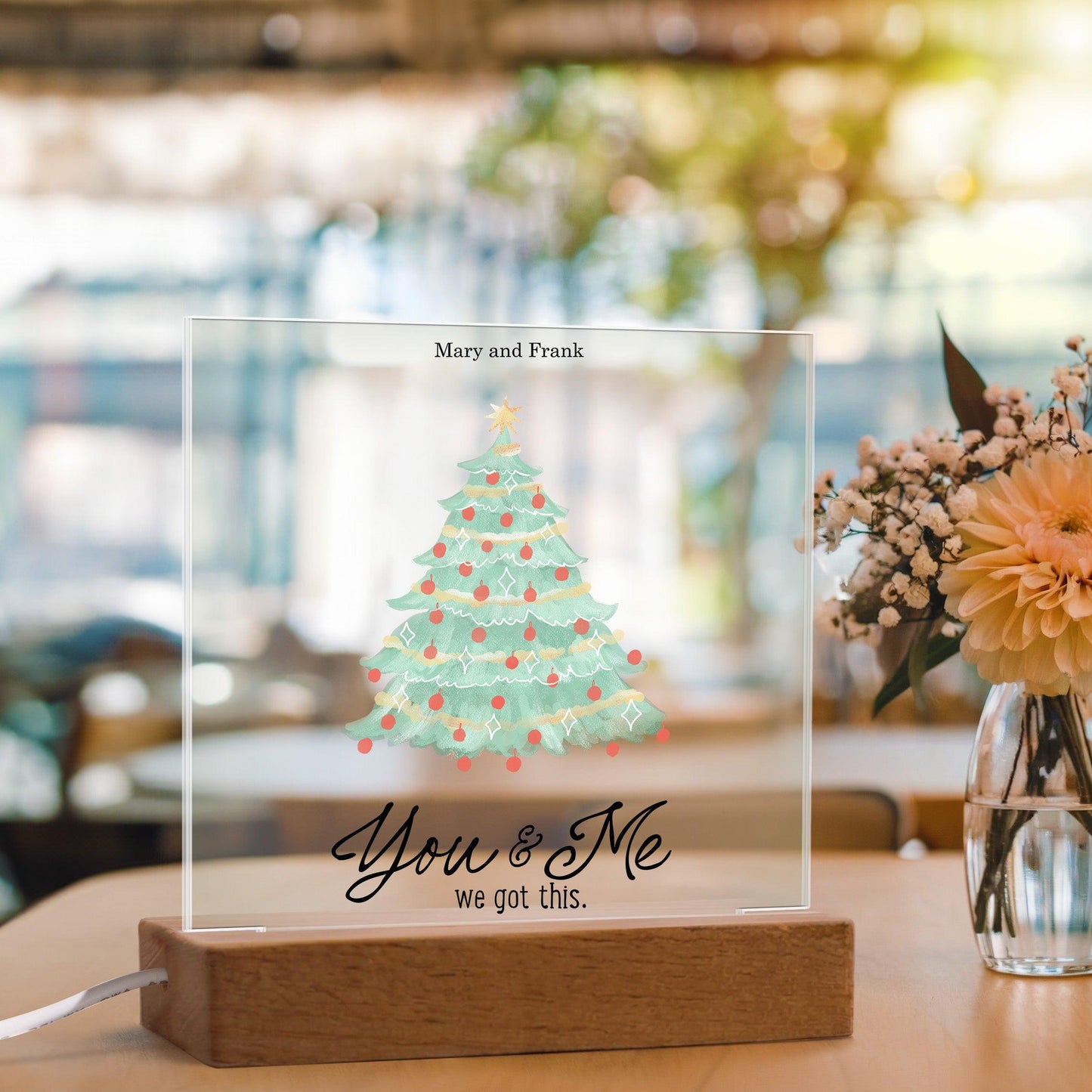 Personalized Christmas Tree Acrylic Plaque with Lighted LED Wooden Base - Mallard Moon Gift Shop