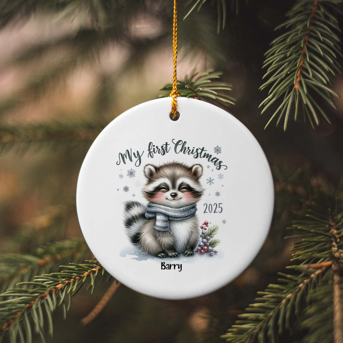 My First Christmas 2025 Raccoon Ornament – Baby’s First Christmas Keepsake, Cute Newborn Gift, Durable MDF Ornament with Gold Cord