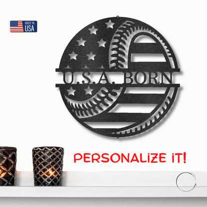Baseball American Flag Custom Name Metal Art Wall Sign - Mallard Moon Gift Shop