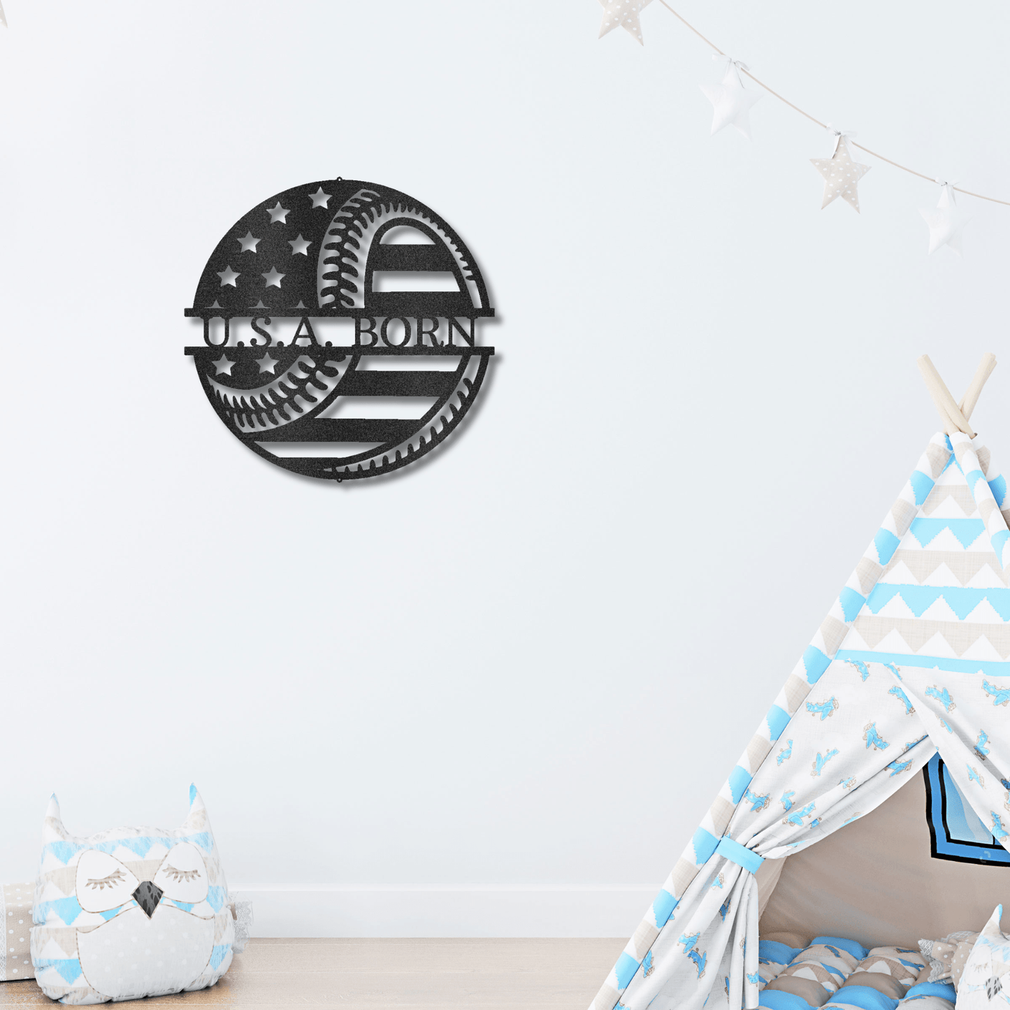 Baseball American Flag Custom Name Metal Art Wall Sign - Mallard Moon Gift Shop