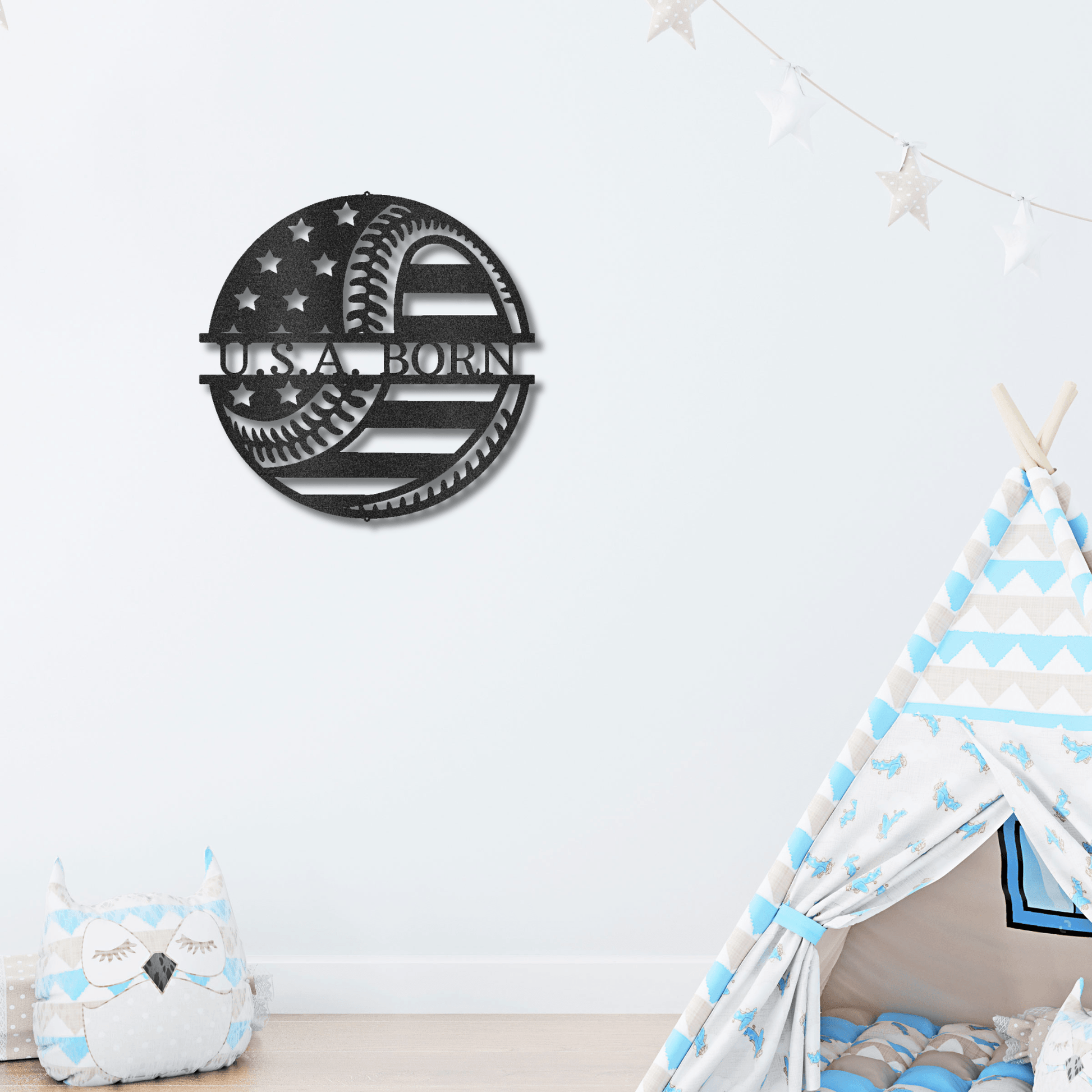 Baseball American Flag Custom Name Metal Art Wall Sign - Mallard Moon Gift Shop