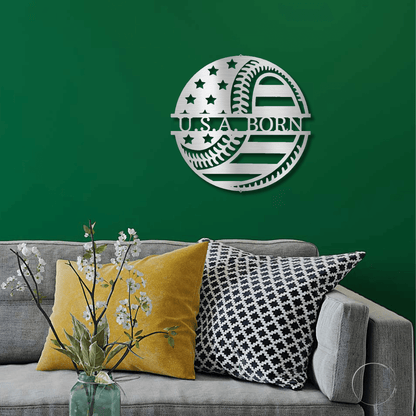 Baseball American Flag Custom Name Metal Art Wall Sign - Mallard Moon Gift Shop