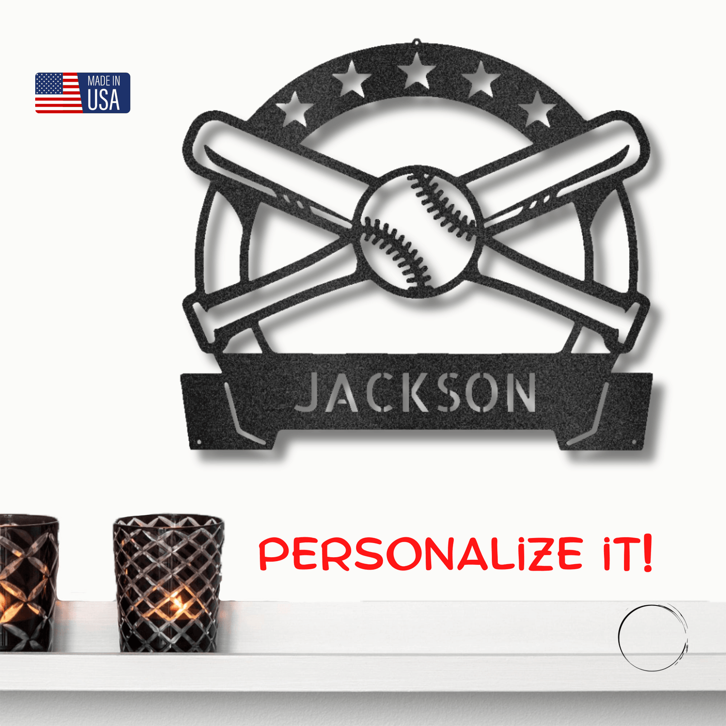 Baseball and Bats Custom Name Metal Art Wall Sign - Mallard Moon Gift Shop