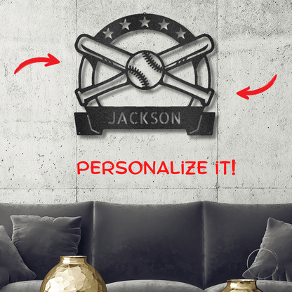 Baseball and Bats Custom Name Metal Art Wall Sign - Mallard Moon Gift Shop