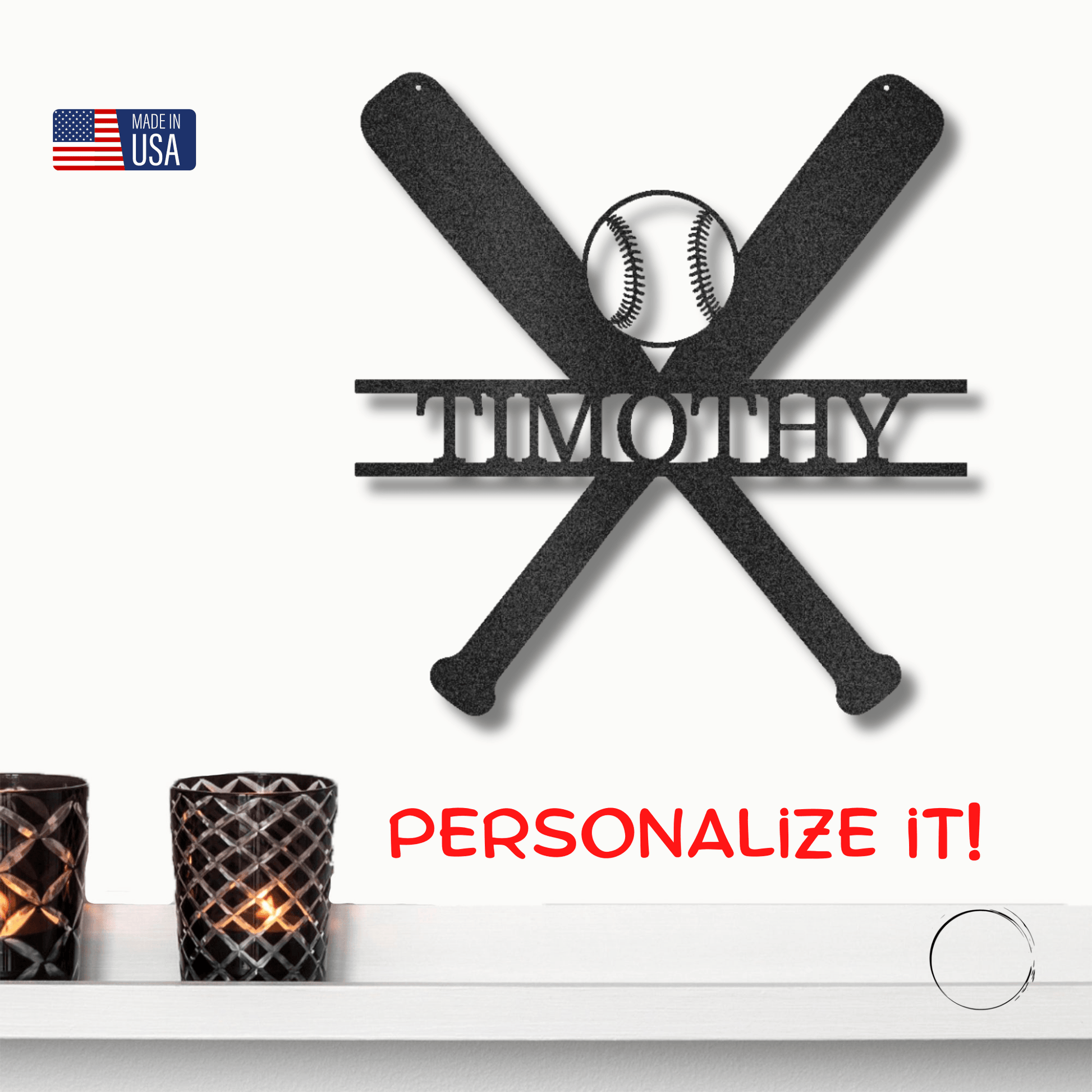 Baseball Bats and Balls Custom Name Metal Art Wall Sign - Mallard Moon Gift Shop