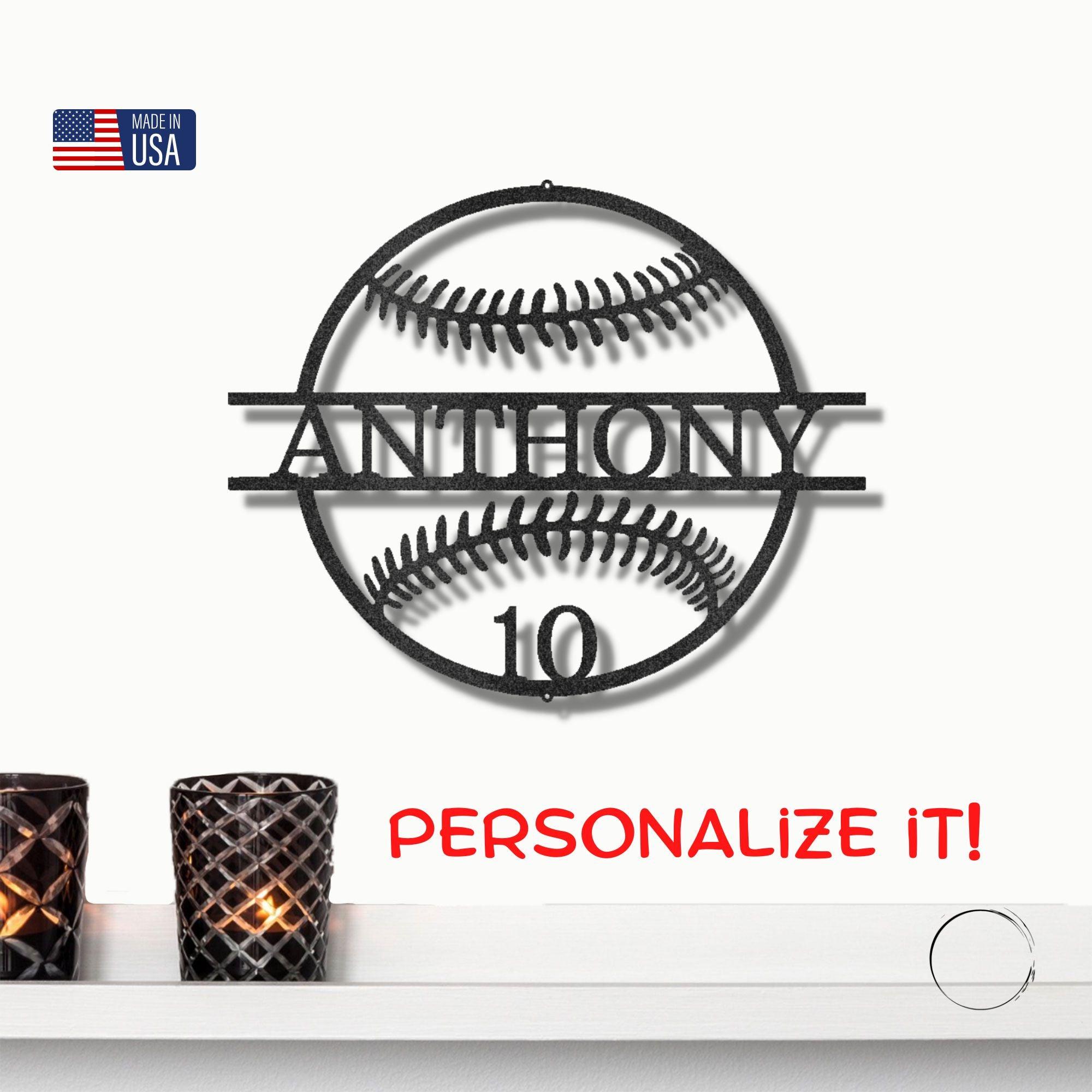 Baseball Custom Name and Number Metal Art Wall Sign - Mallard Moon Gift Shop