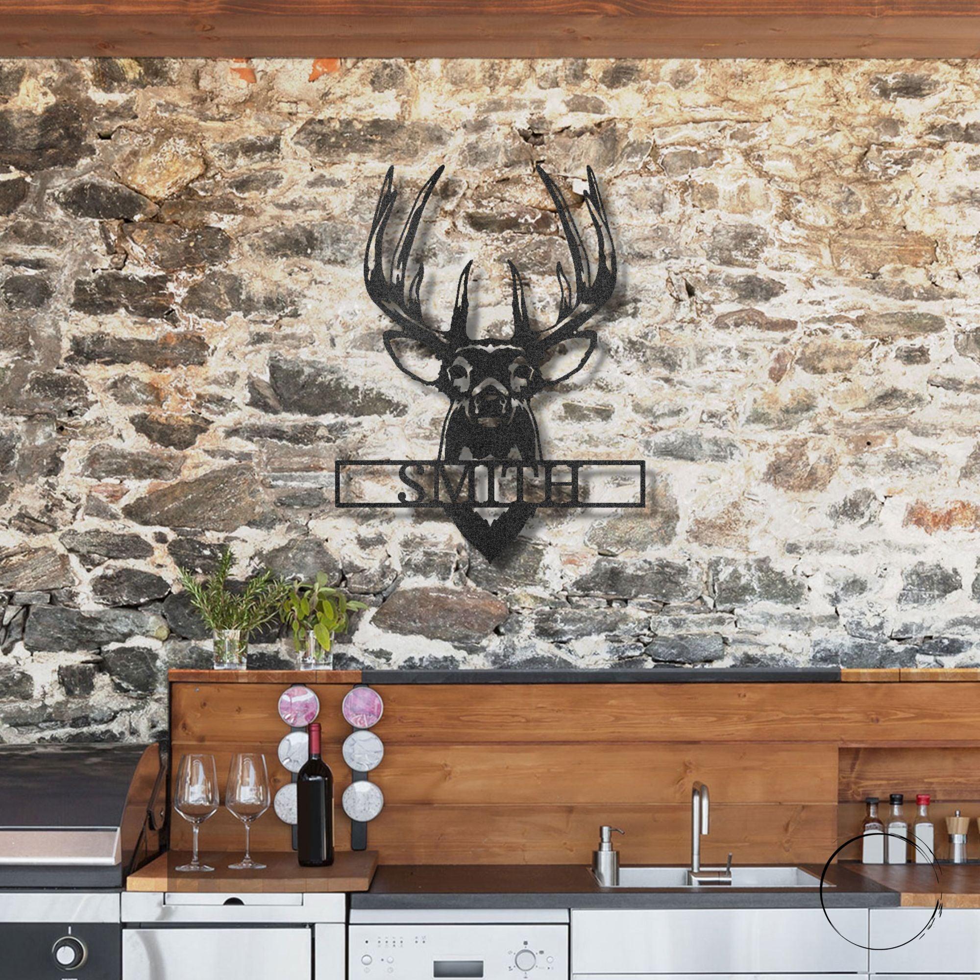 Deer Buck Head Mount Monogram Personalized Name Metal Art Wall Sign - Mallard Moon Gift Shop