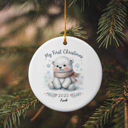 My First Christmas 2025 Bear Ornament – Baby’s First Christmas Keepsake, Cute Newborn Gift, Durable MDF Ornament with Gold Cord