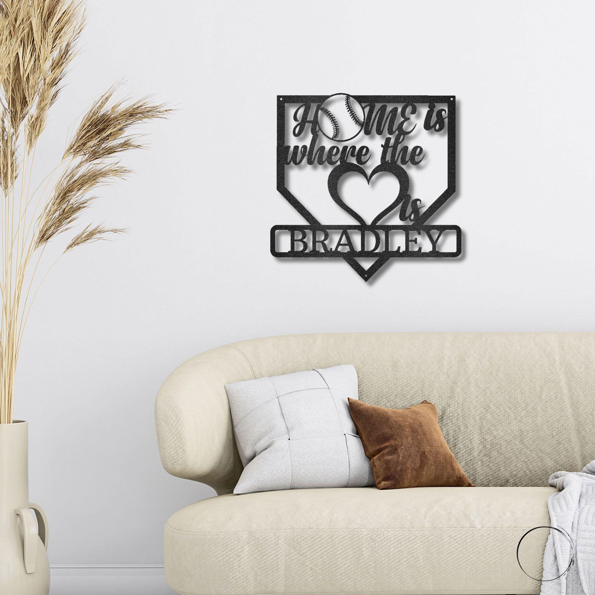 Baseball Home Is Where the Heart Is Custom Name Metal Art Wall Sign - Mallard Moon Gift Shop