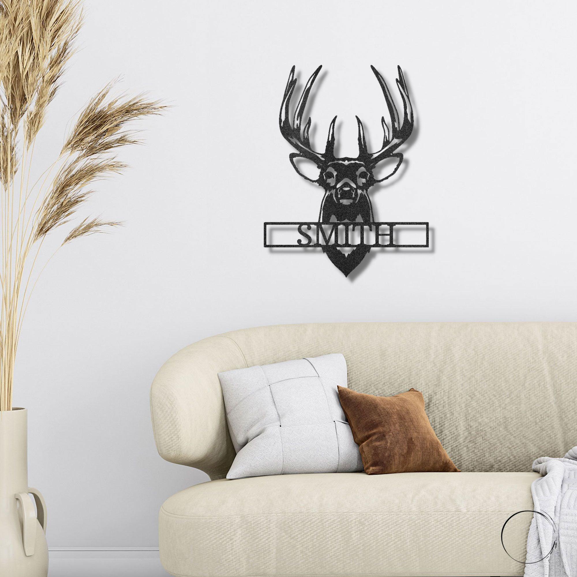 Deer Buck Head Mount Monogram Personalized Name Metal Art Wall Sign - Mallard Moon Gift Shop