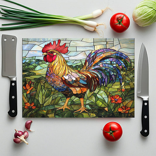 Rooster Mosaic Glass Cutting Board – Colorful Stained-Glass Kitchen Decor