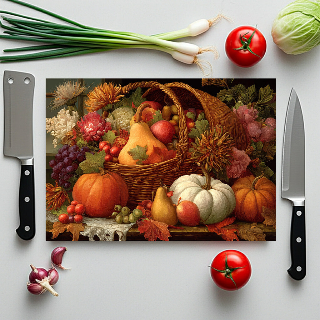 Autumn Harvest Glass Cutting Board — Thanksgiving Cornucopia Kitchen Decor
