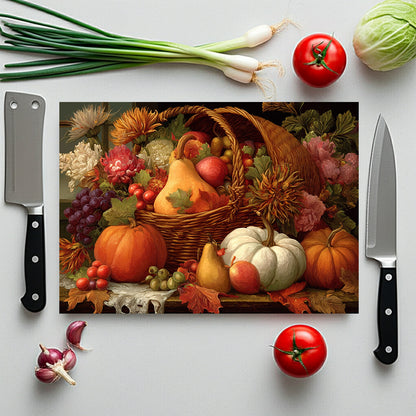 Autumn Harvest Glass Cutting Board — Thanksgiving Cornucopia Kitchen Decor