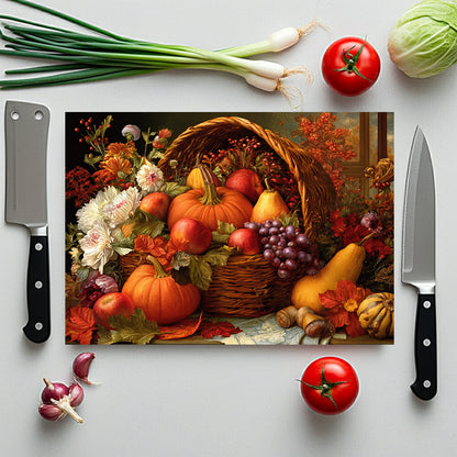 Autumn Harvest Glass Cutting Board — Pumpkin & Fruit Still Life Kitchen Décor