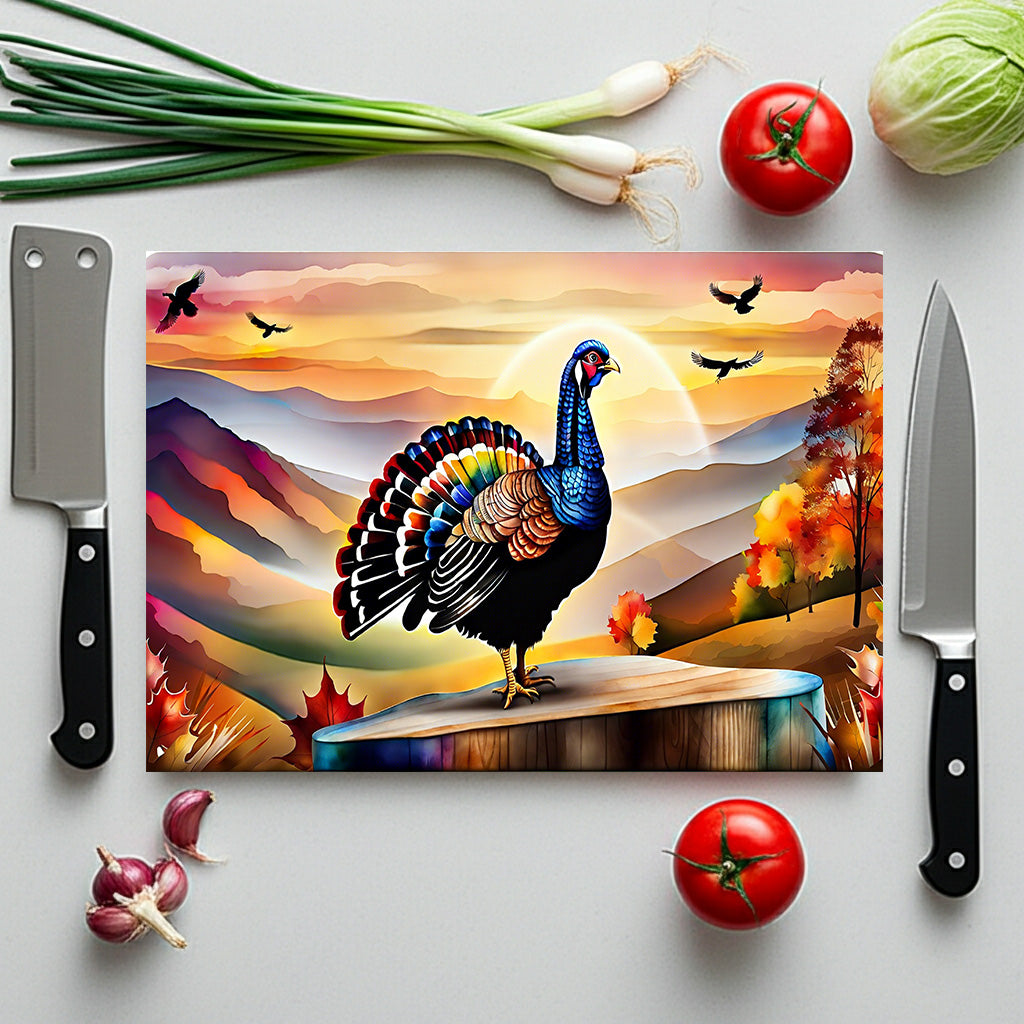 Glass Cutting Board — Colorful Turkey Sunset Kitchen Cutting Board, Autumn Farmhouse Décor