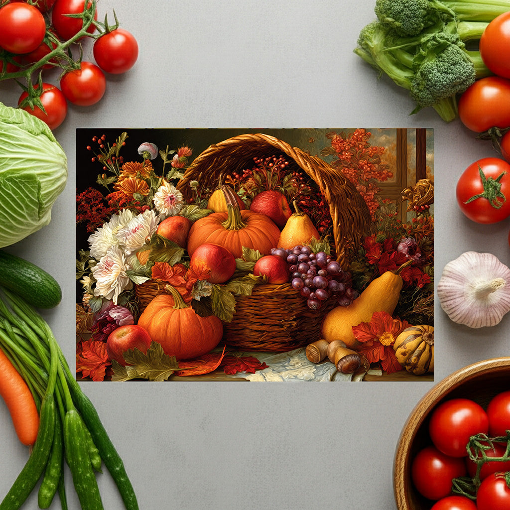 Autumn Harvest Glass Cutting Board — Pumpkin & Fruit Still Life Kitchen Décor
