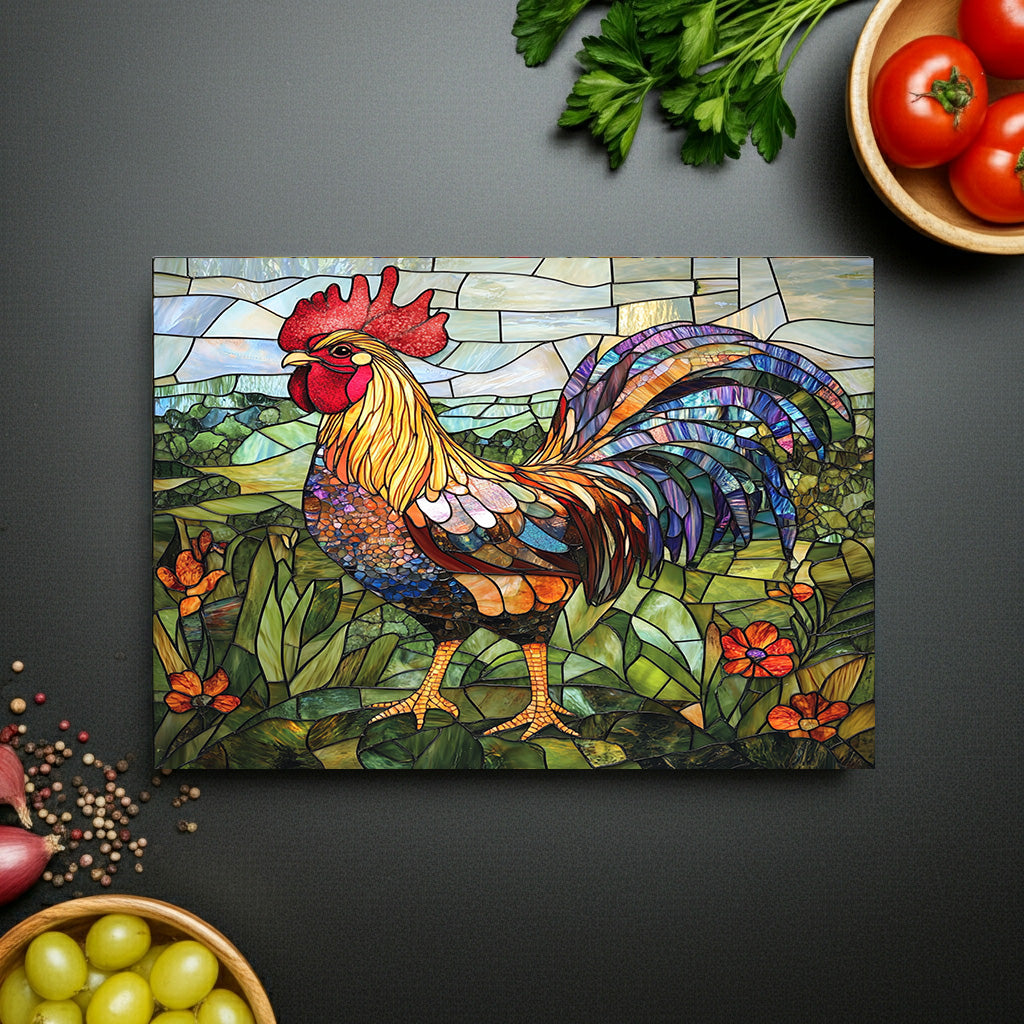 Rooster Mosaic Glass Cutting Board – Colorful Stained-Glass Kitchen Decor