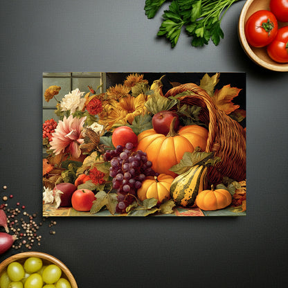 Autumn Harvest Glass Cutting Board — Cornucopia Pumpkins & Fall Fruit Kitchen Decor